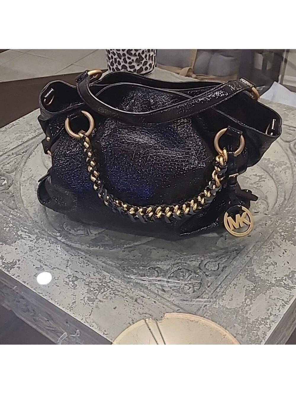 Michael Kors Shimmering Black and Gold Hand Bag Satchel Purse